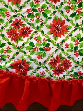 Vintage Fabric Tablecloth Poinsettia / Holly  66” Round